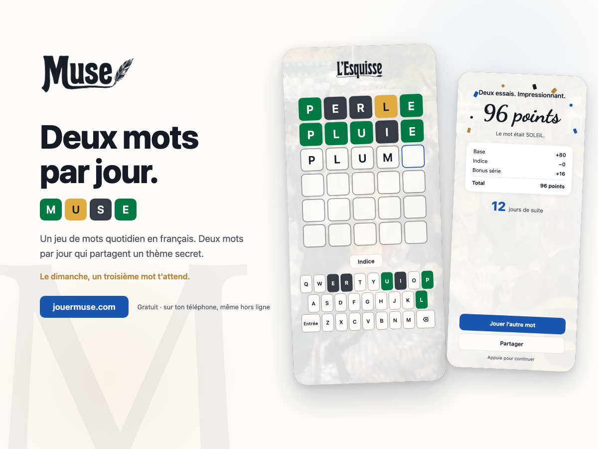 Muse: deux mots par jour, the L'Esquisse puzzle board, and a score card with a 12-day streak