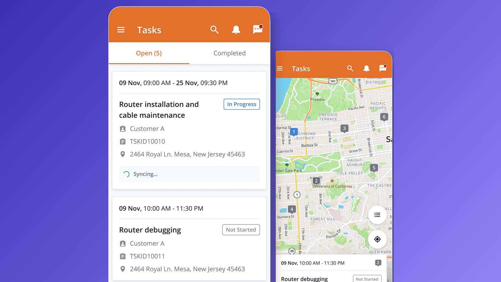 Zinier's technician mobile app: the day's task list and the map view, syncing in the field