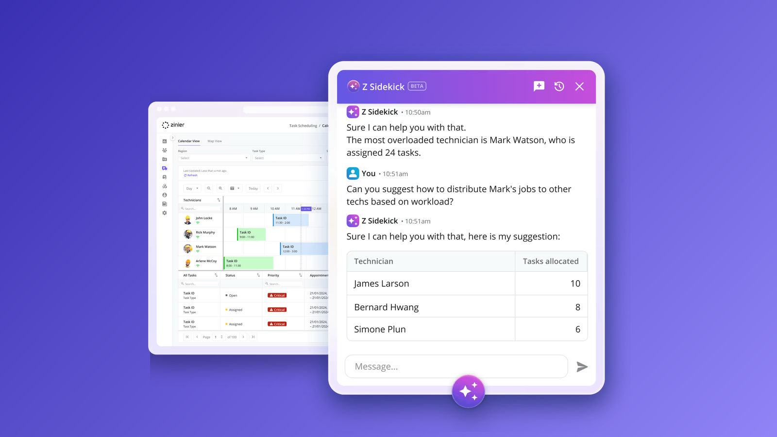 Zinier's scheduling calendar with the Z Sidekick AI assistant rebalancing technician workloads